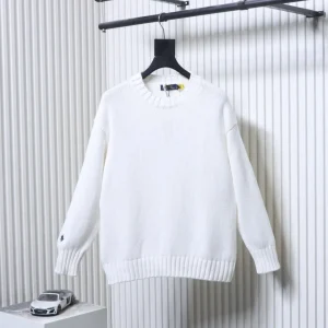 RL White Pony Embroidered Sleeve-Patch Sweater