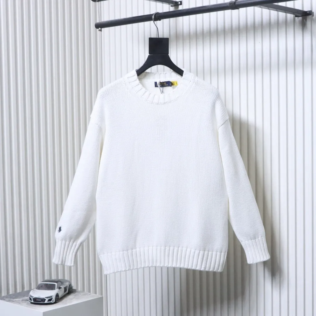 RL White Pony Embroidered Sleeve-Patch Sweater