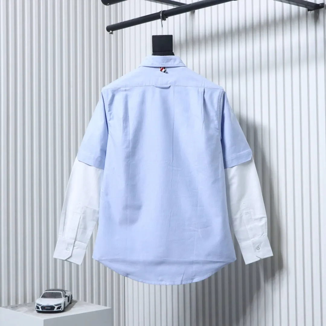 Back TB Thom Browne Double-Sleeve Color-Block Oxford Long-Sleeve Shirt