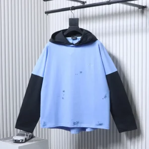 Well Blue Color-Block Faux Two-Piece Hooded Long-Sleeve Shirt