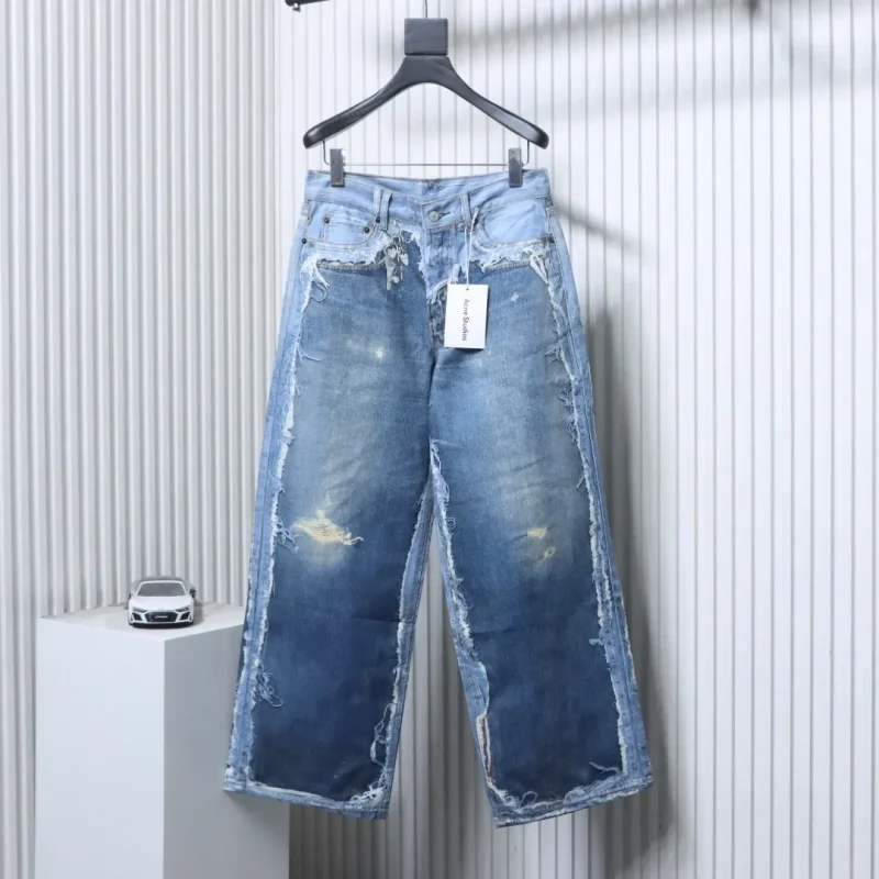 Acne Optical Print Distressed Wide-Leg Jeans