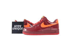 Air Force 1 Low QS Dark Team Red Safety Orange Patent Leather Sneakers Profile View