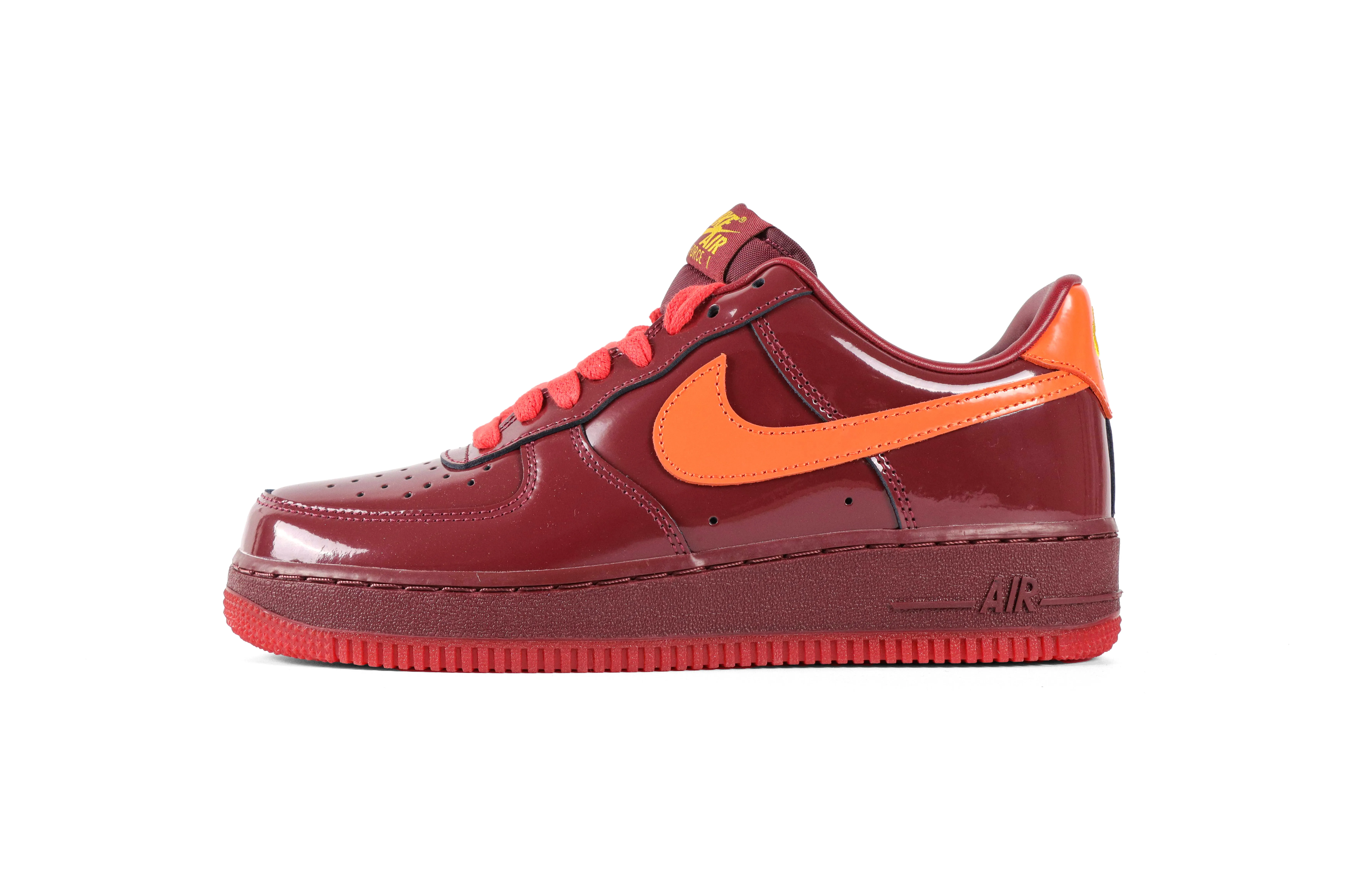 Air Force 1 Low QS Dark Team Red Safety Orange Patent Leather Sneakers Left side View