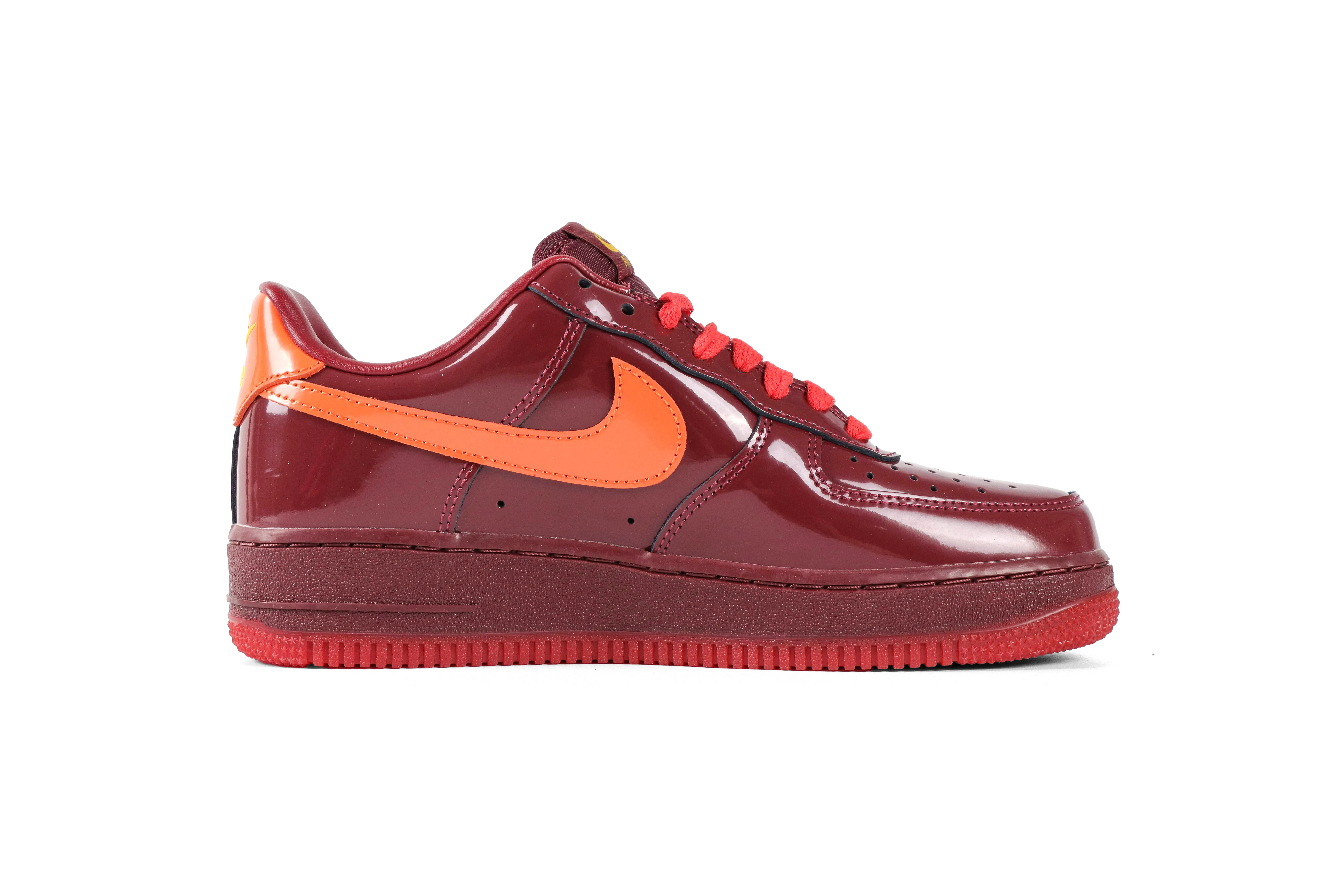 Air Force 1 Low QS Dark Team Red Safety Orange Patent Leather Sneakers Right Side View