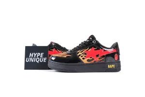 BAPE STA Black Orange Flame Patent Leather Sneakers Profile View