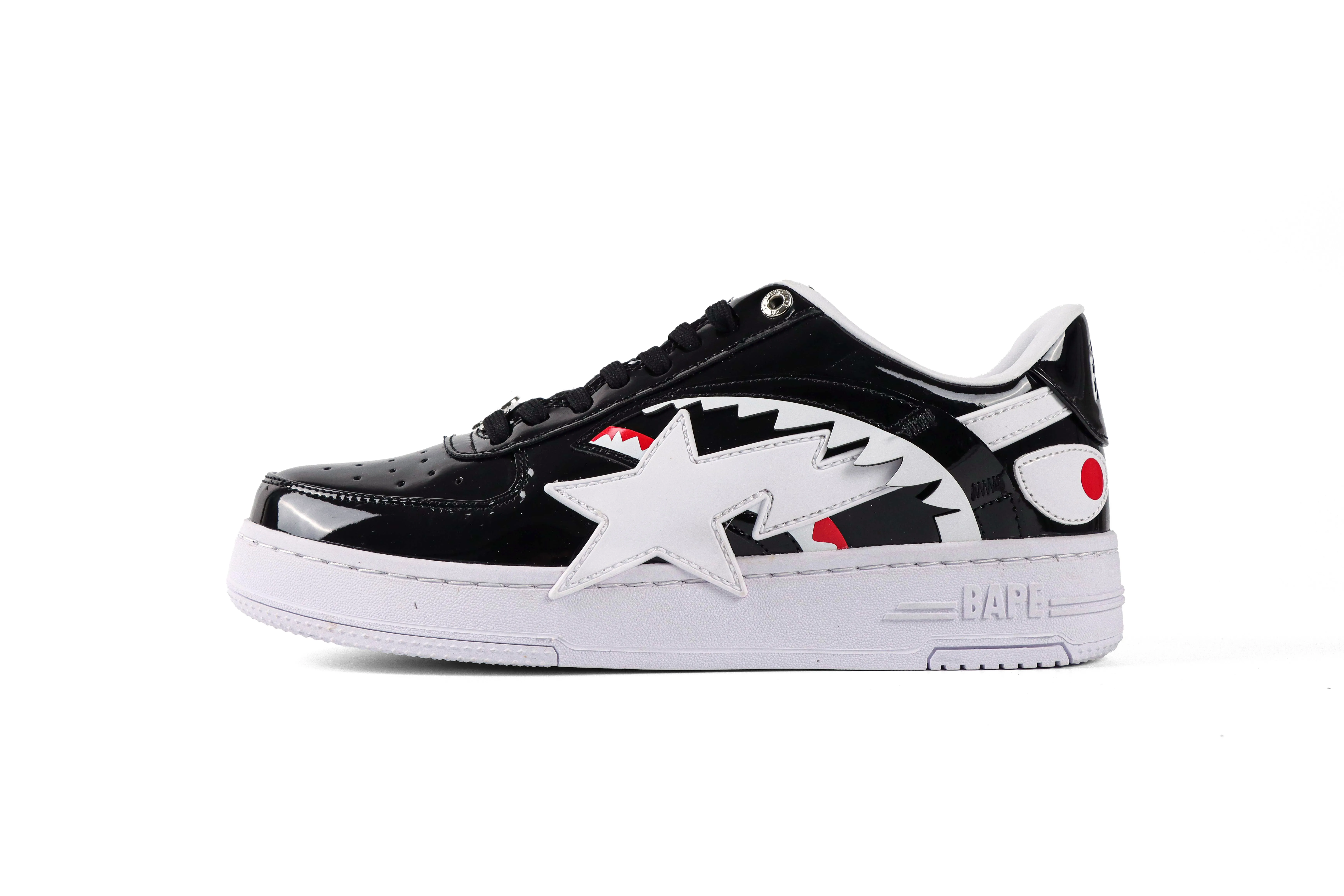 BAPE STA Black Shark Patent Leather Sneakers Left Side View