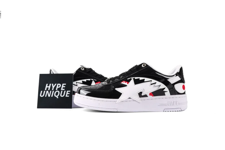 BAPE STA Black Shark Patent Leather Sneakers Side Profile