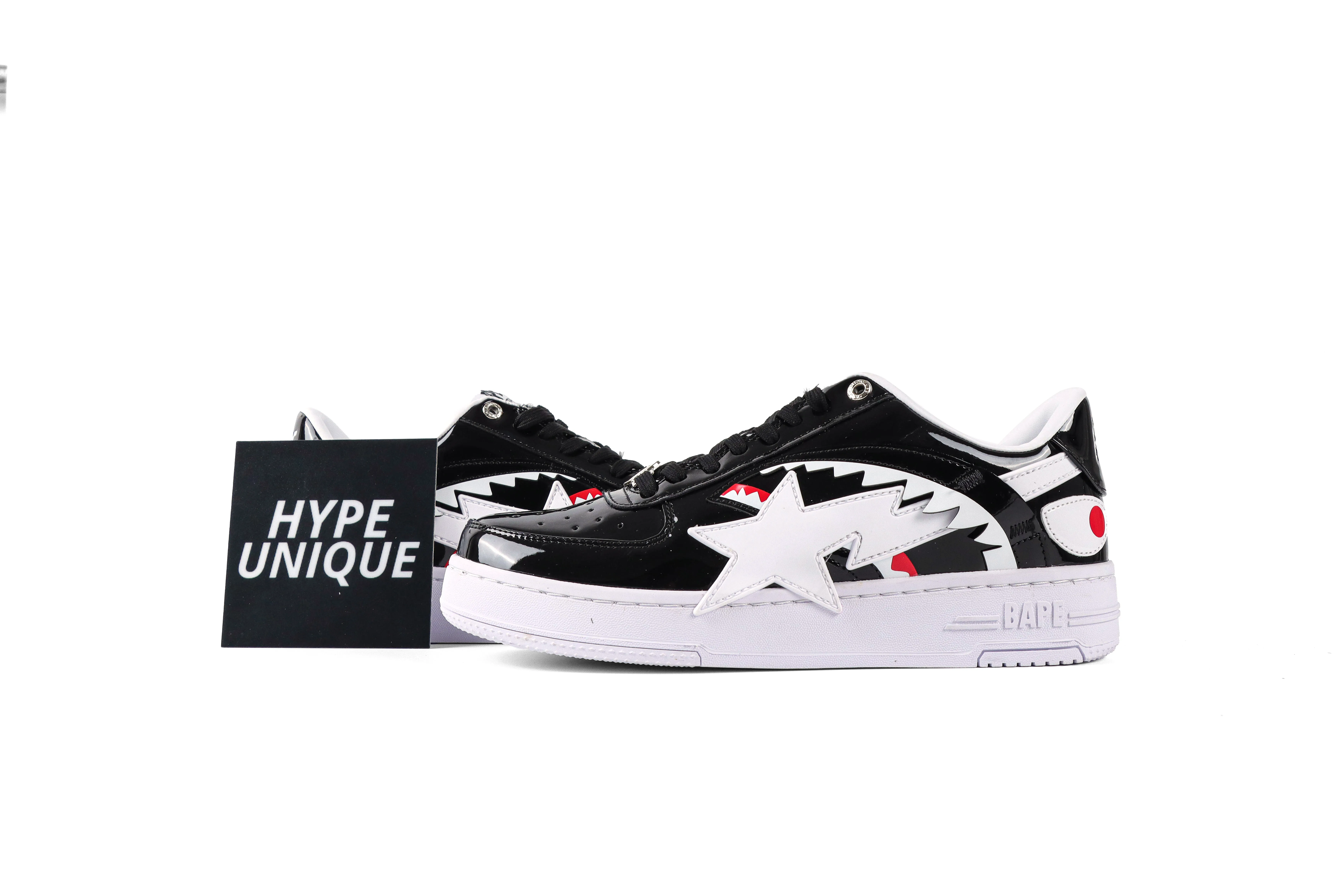 BAPE STA Black Shark Patent Leather Sneakers Side Profile