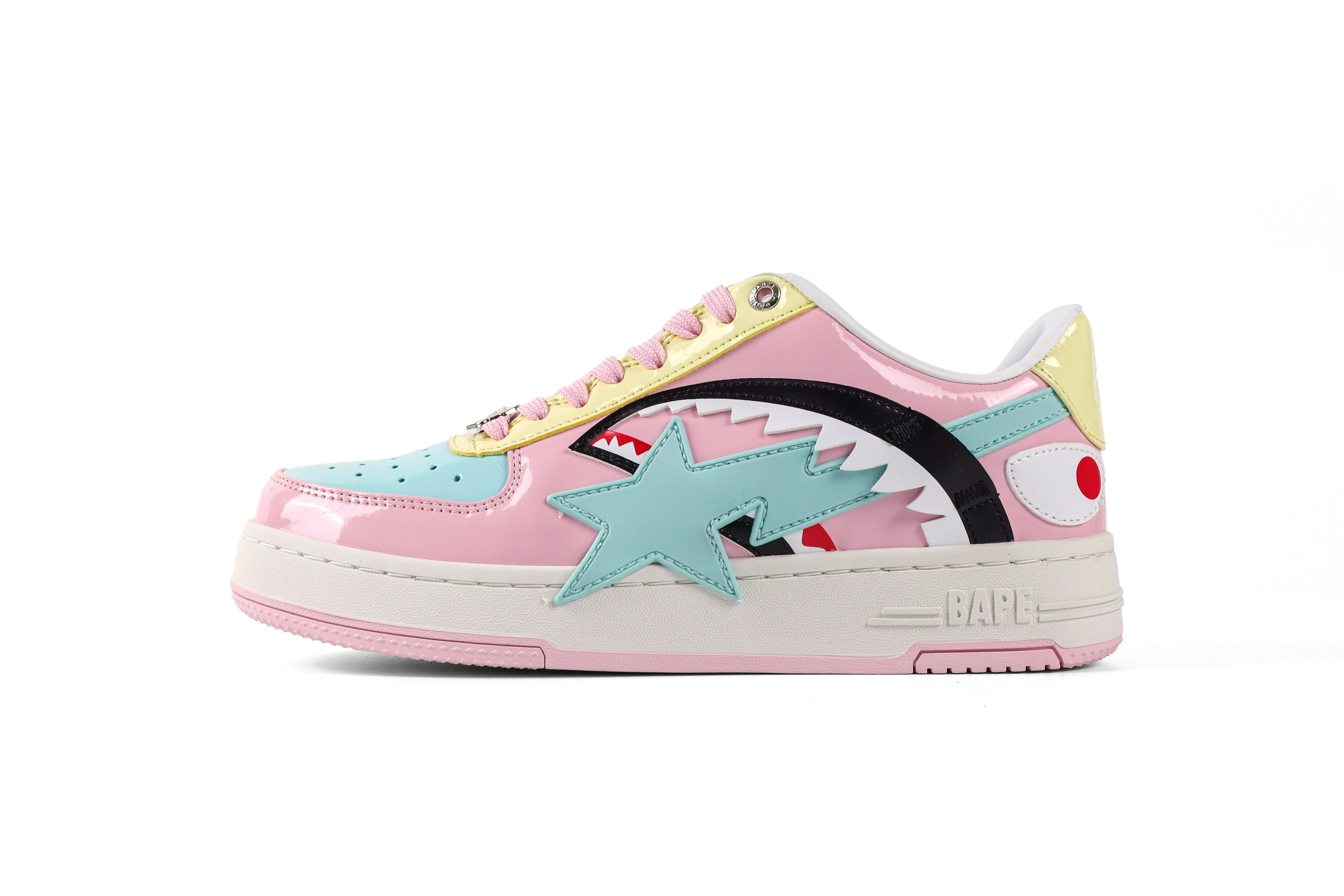 BAPE STA OS Shark Pink Multicolor Patent Leather Sneakers Left Side view