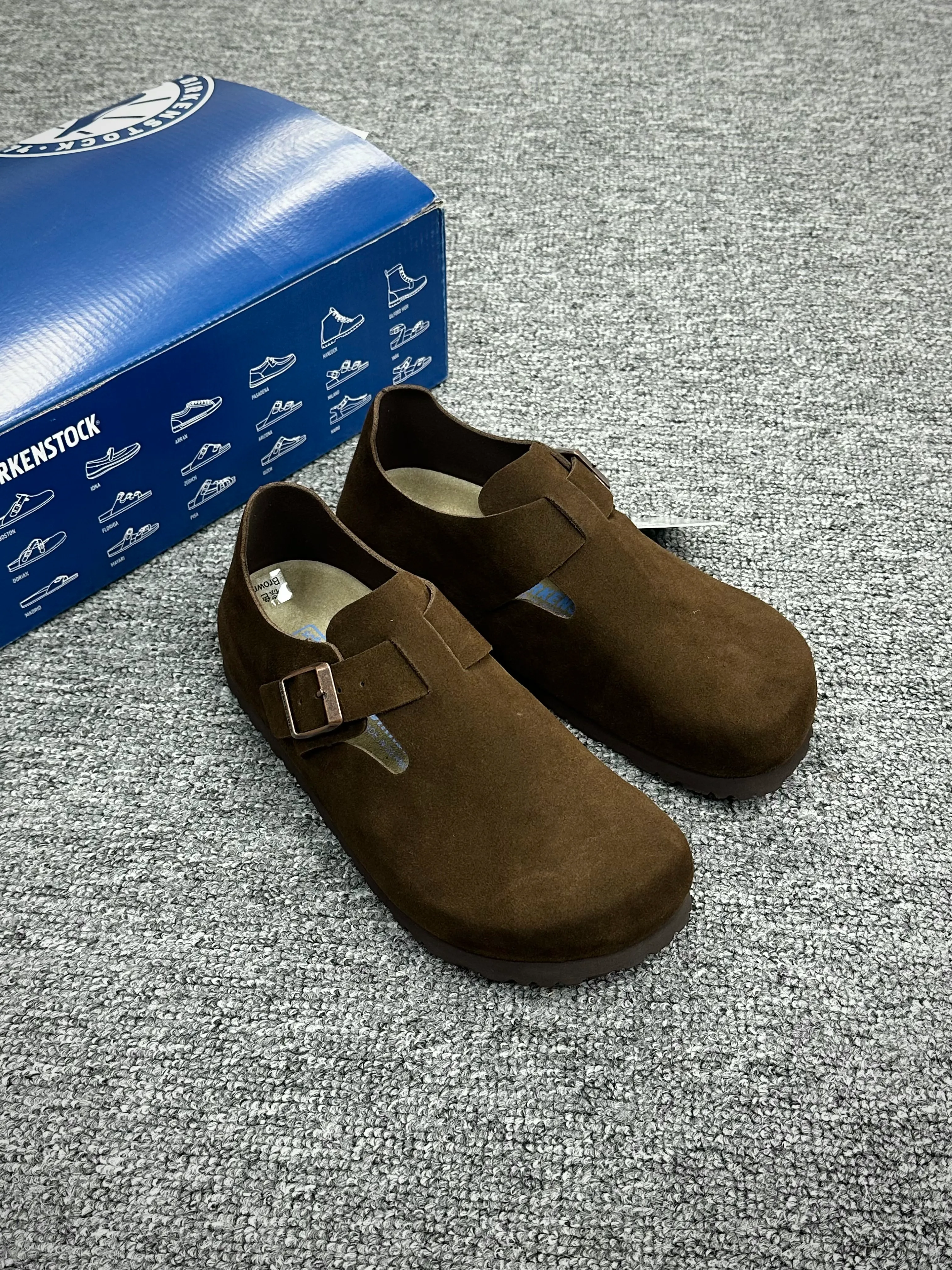 BK London Carafe Brown Suede Closed-Toe Shoes Angeled View with Shoe Box
