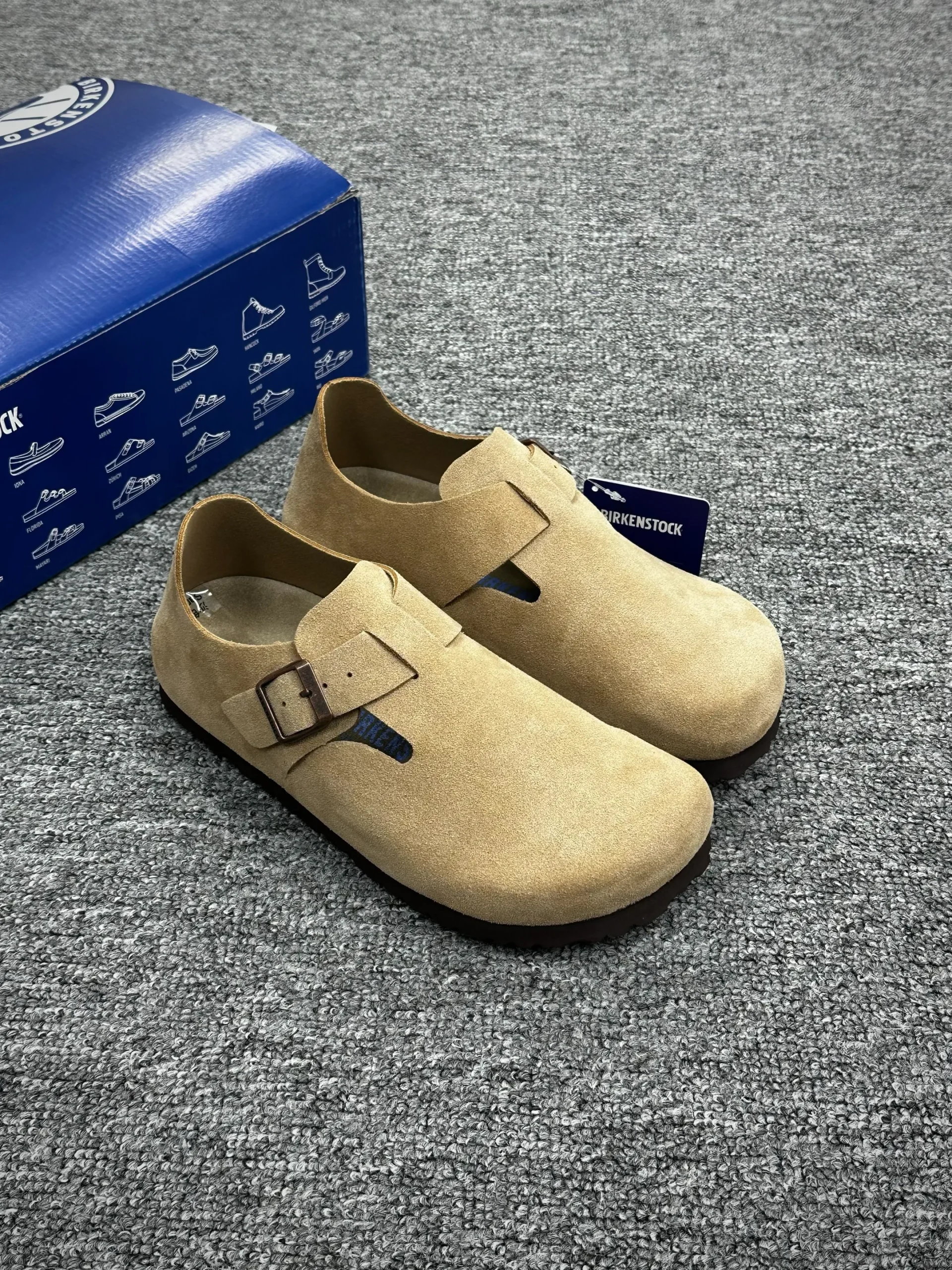 BK London Taupe Suede Closed-Toe Shoes Angeled View with Shoe Box