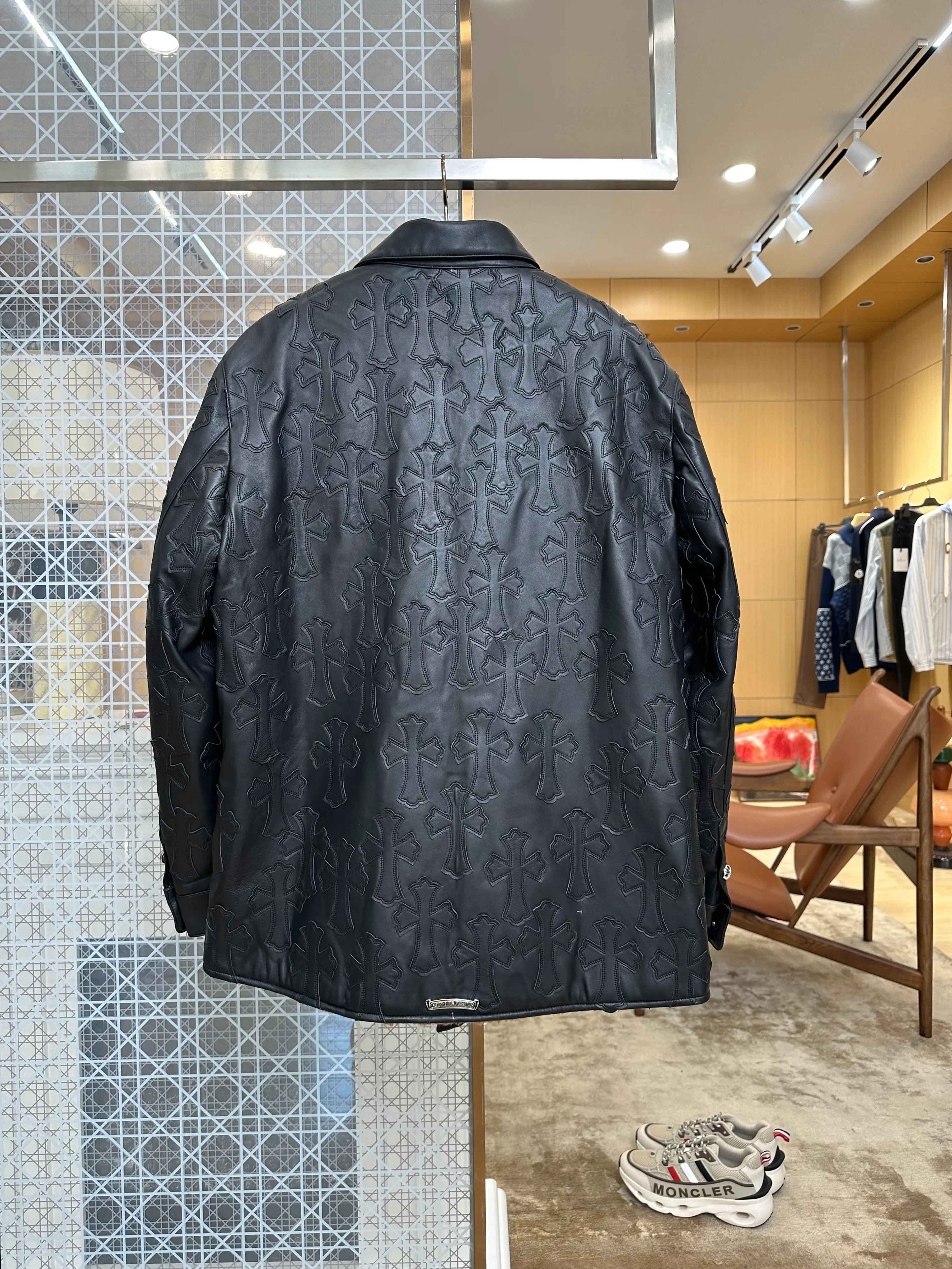 Back View CH Cross Patch Shearling-Lined Leather Jacket