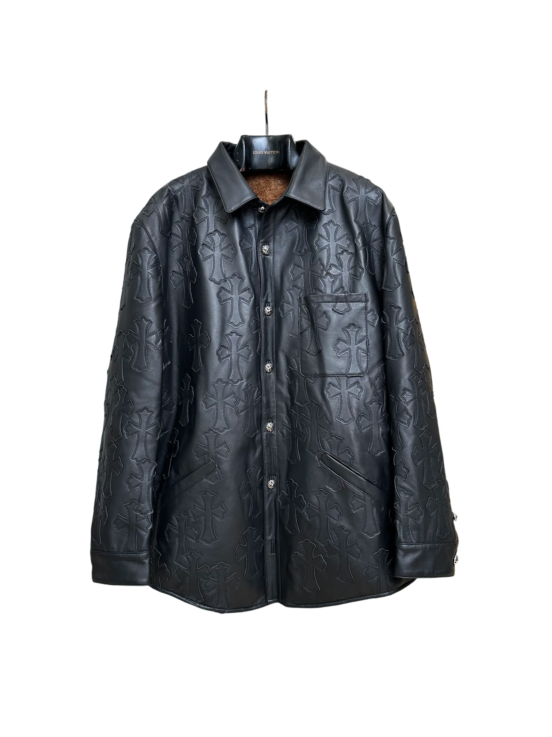 Front View CH Cross Patch Shearling-Lined Leather Jacket