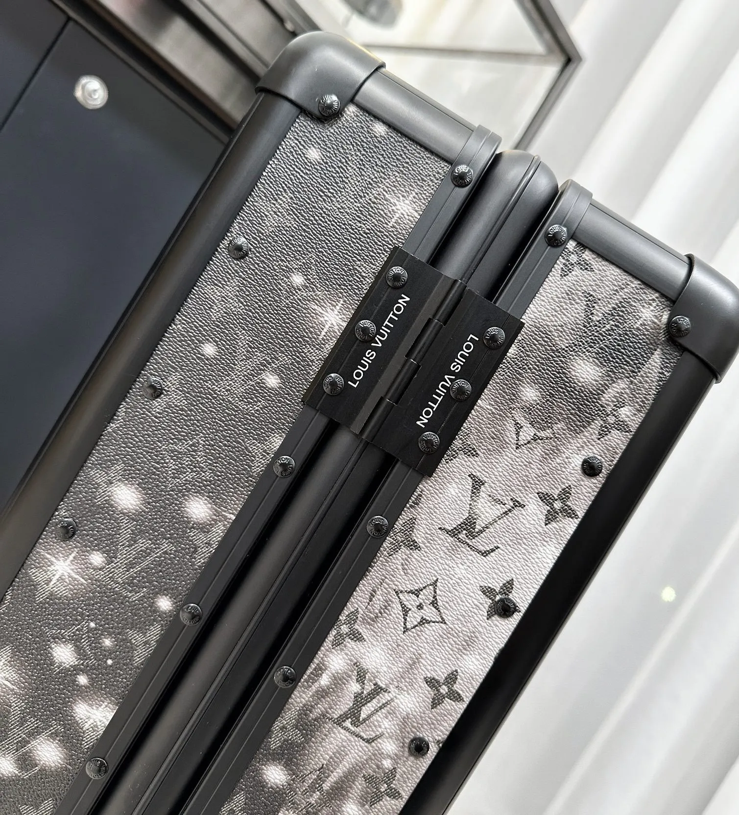 Galaxy monogram luggage frame and hinge detail