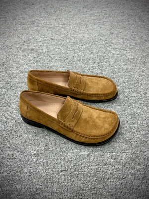 Lo Tobacco Brown Suede Penny Loafers Angeled View
