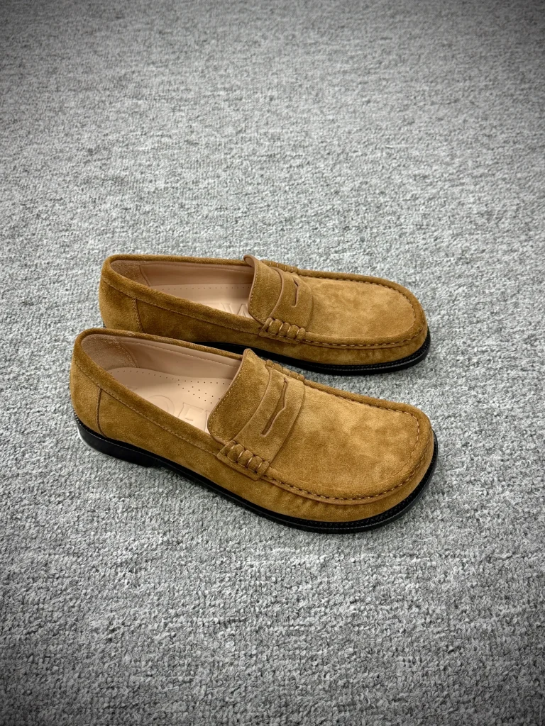 Lo Tobacco Brown Suede Penny Loafers Angeled View