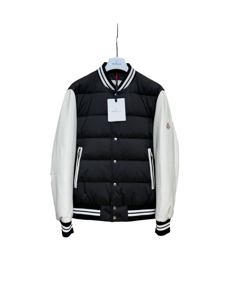Mcler Black White Leather Sleeve Baseball Collar Down Jacket