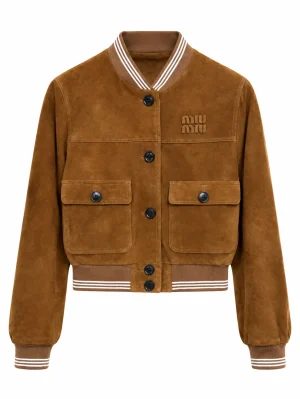 MiuM Caramel Brown Distressed Suede Baseball Jacket