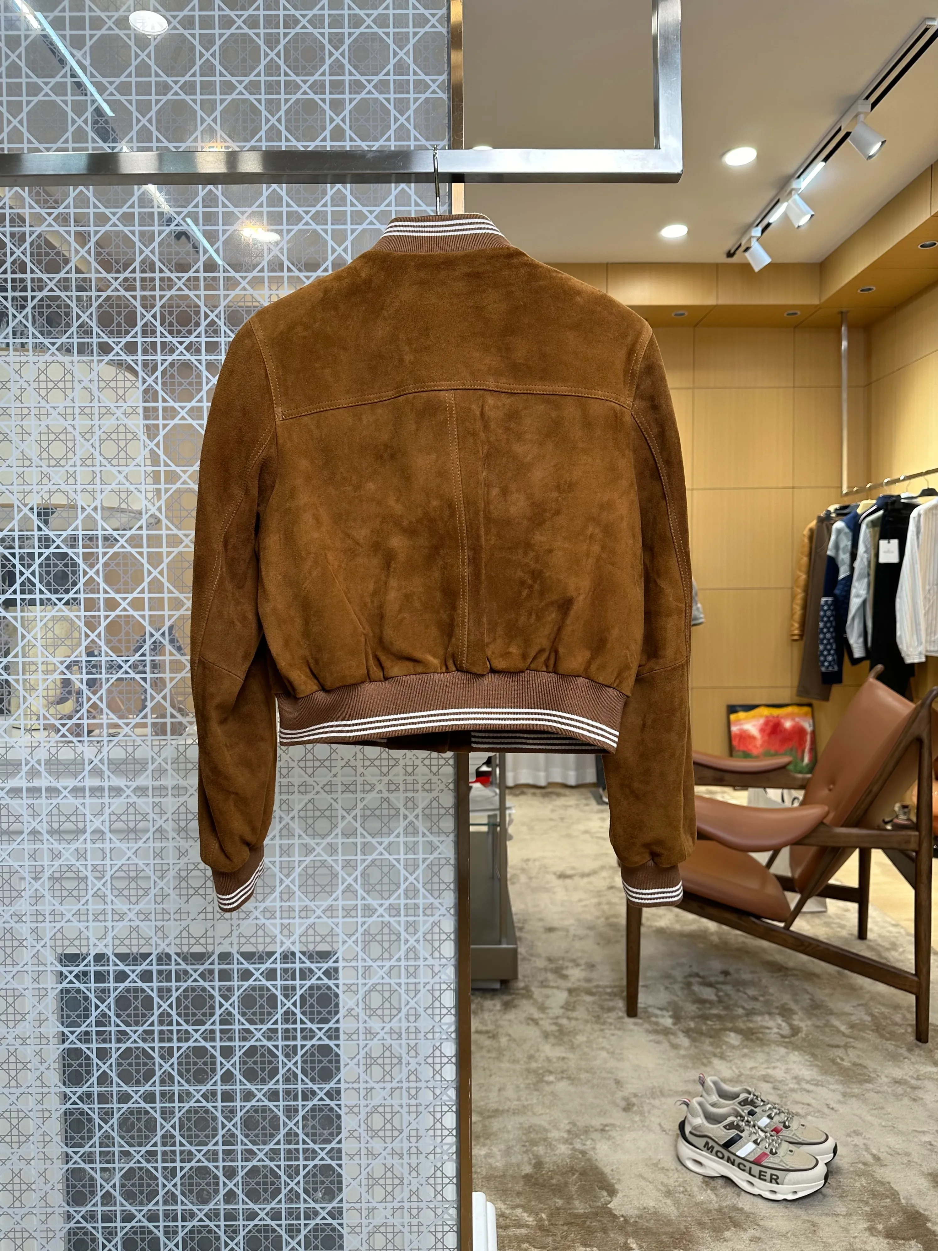 Back View MiuM Caramel Brown Distressed Suede Baseball Jacket