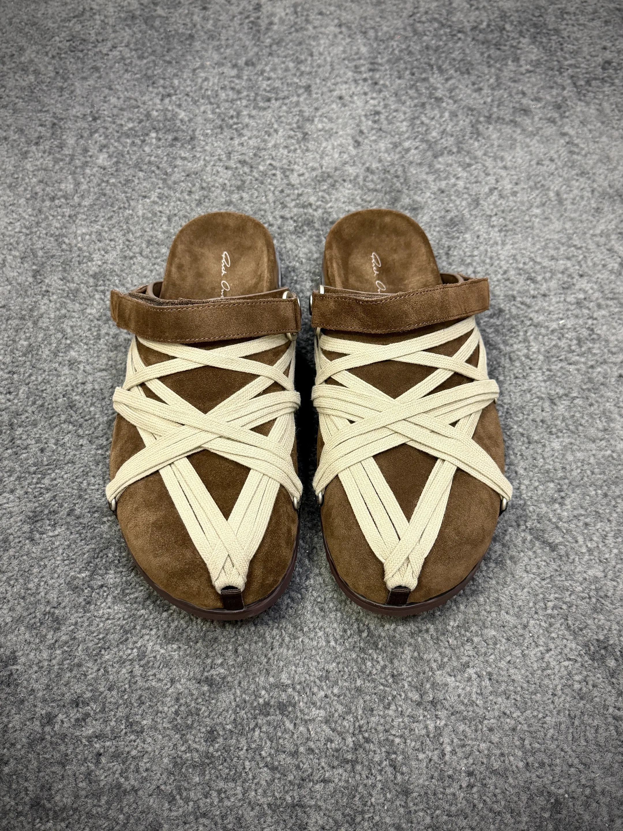 R 0wens Brown Strappy Suede Mule Sandals Front View