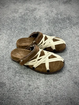 R 0wens Brown Strappy Suede Mule Sandals Angeled View