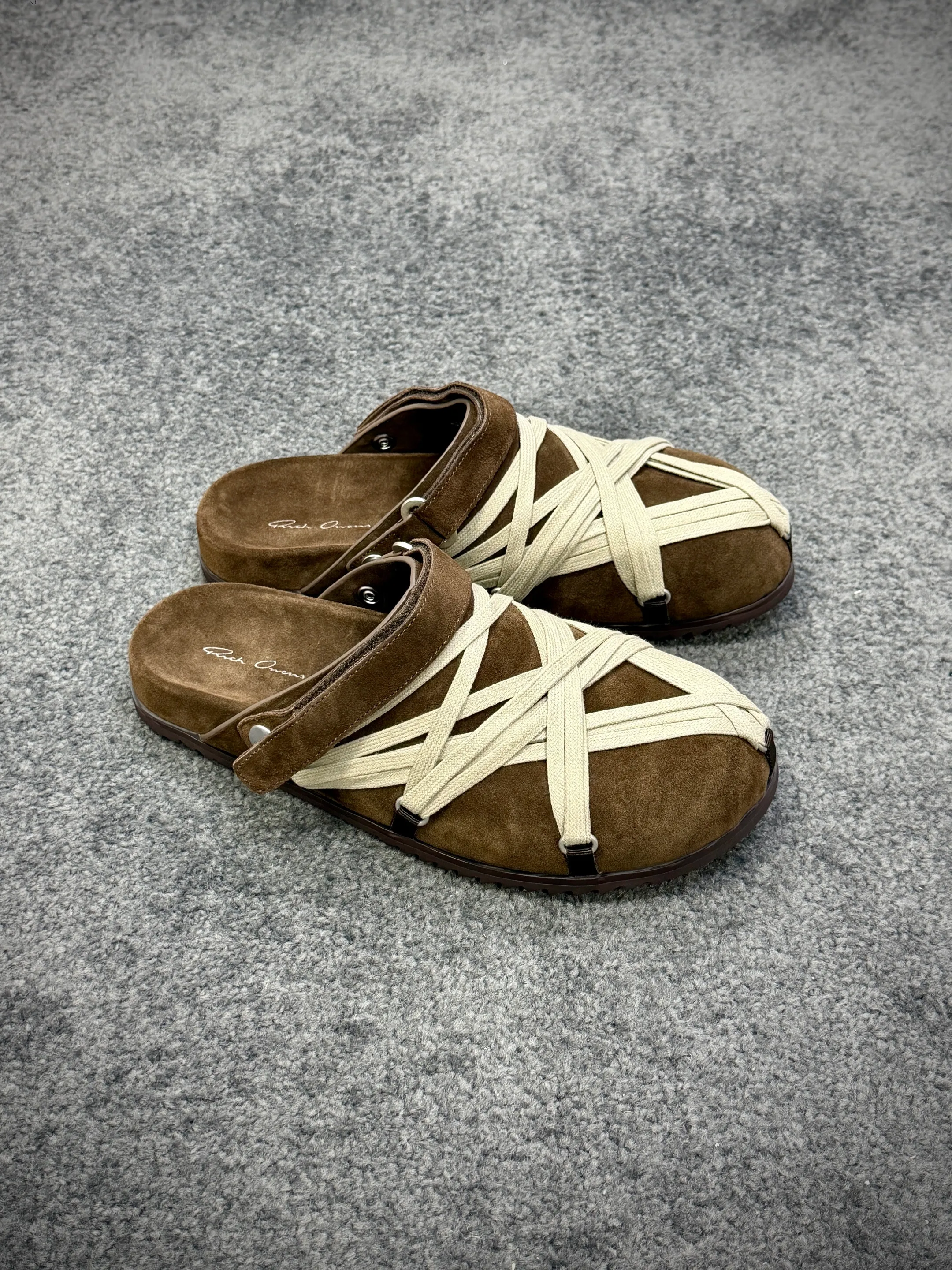 R 0wens Brown Strappy Suede Mule Sandals Angeled View