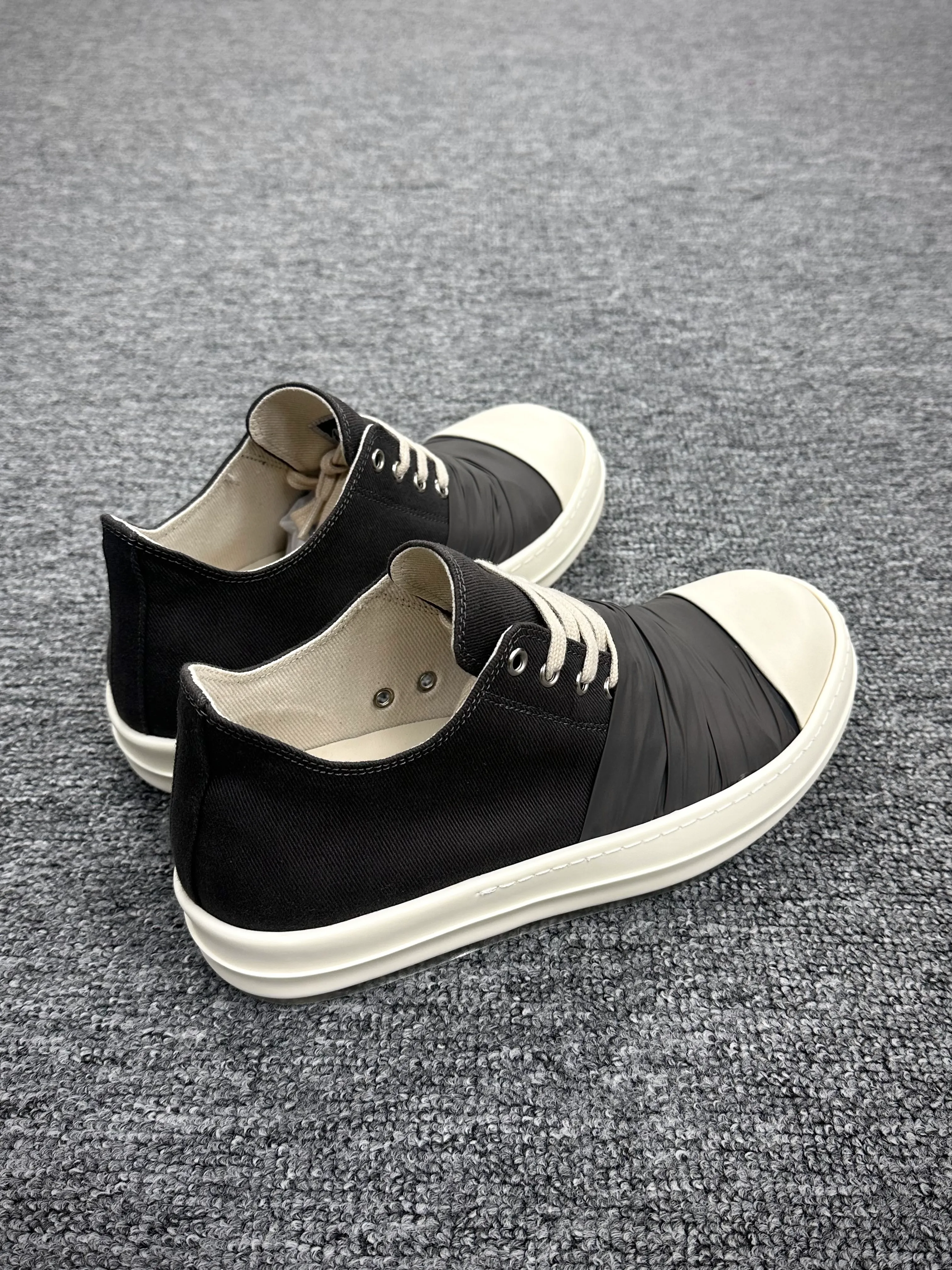 R 0wens DRKSHDW BlackMilk Low Sneakers with Ribbon Wrap Angeled View