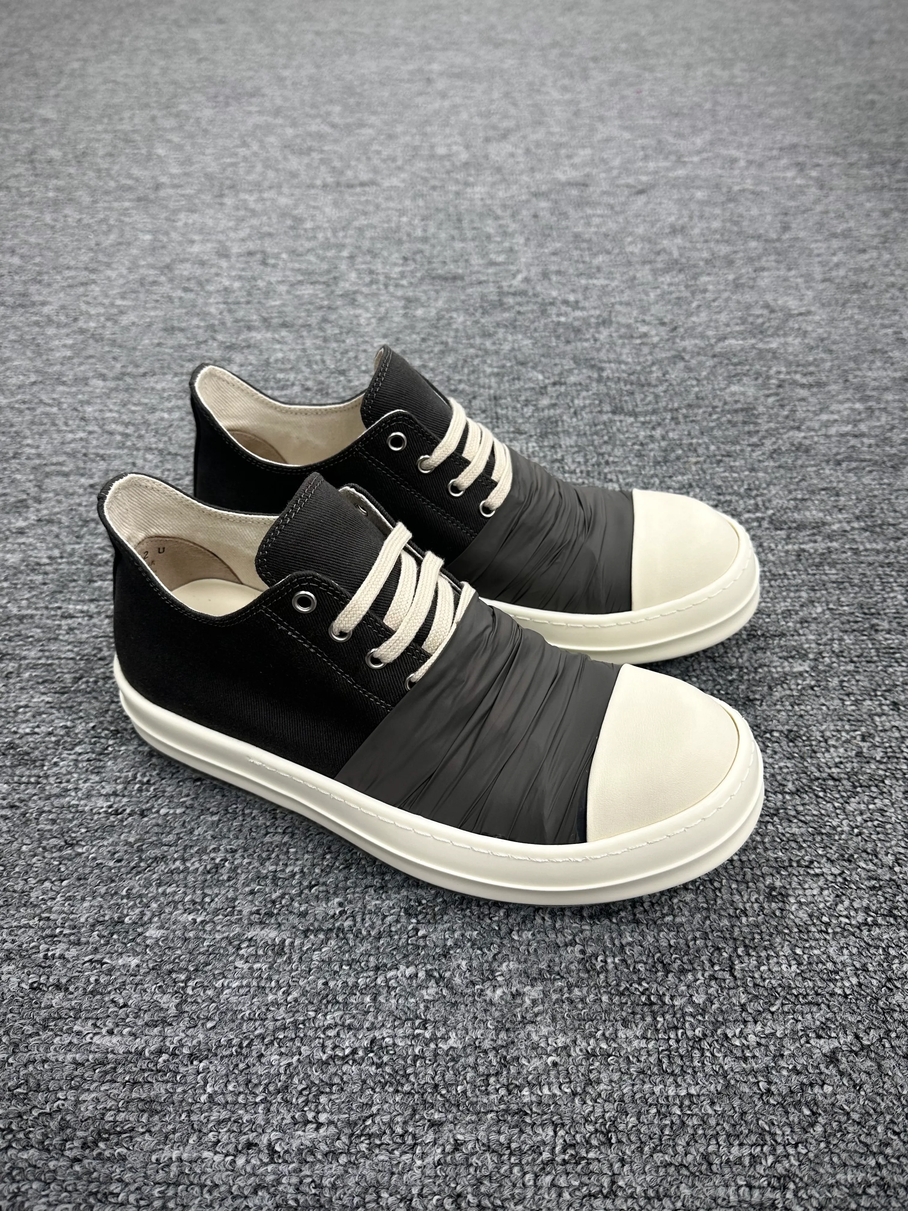 R 0wens DRKSHDW BlackMilk Low Sneakers with Ribbon Wrap Angeled View