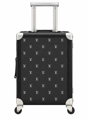 Rolling Trunk Black Monogram Carry-On Suitcase Front View With Extended Handle