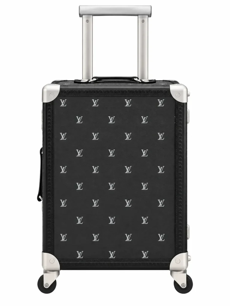 Rolling Trunk Black Monogram Carry-On Suitcase Front View With Extended Handle