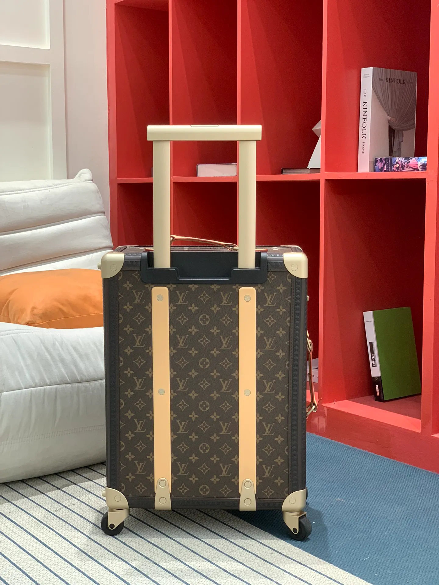 Rolling Trunk Brown Monogram Carry-On Suitcase Back View With Retracted Handle