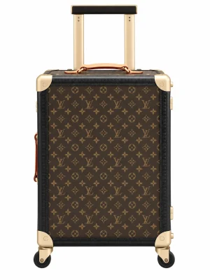 Rolling Trunk Brown Monogram Carry-On Suitcase Front View With Extended Handle