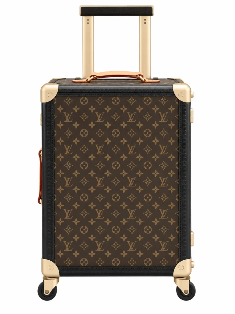Rolling Trunk Brown Monogram Carry-On Suitcase Front View With Extended Handle