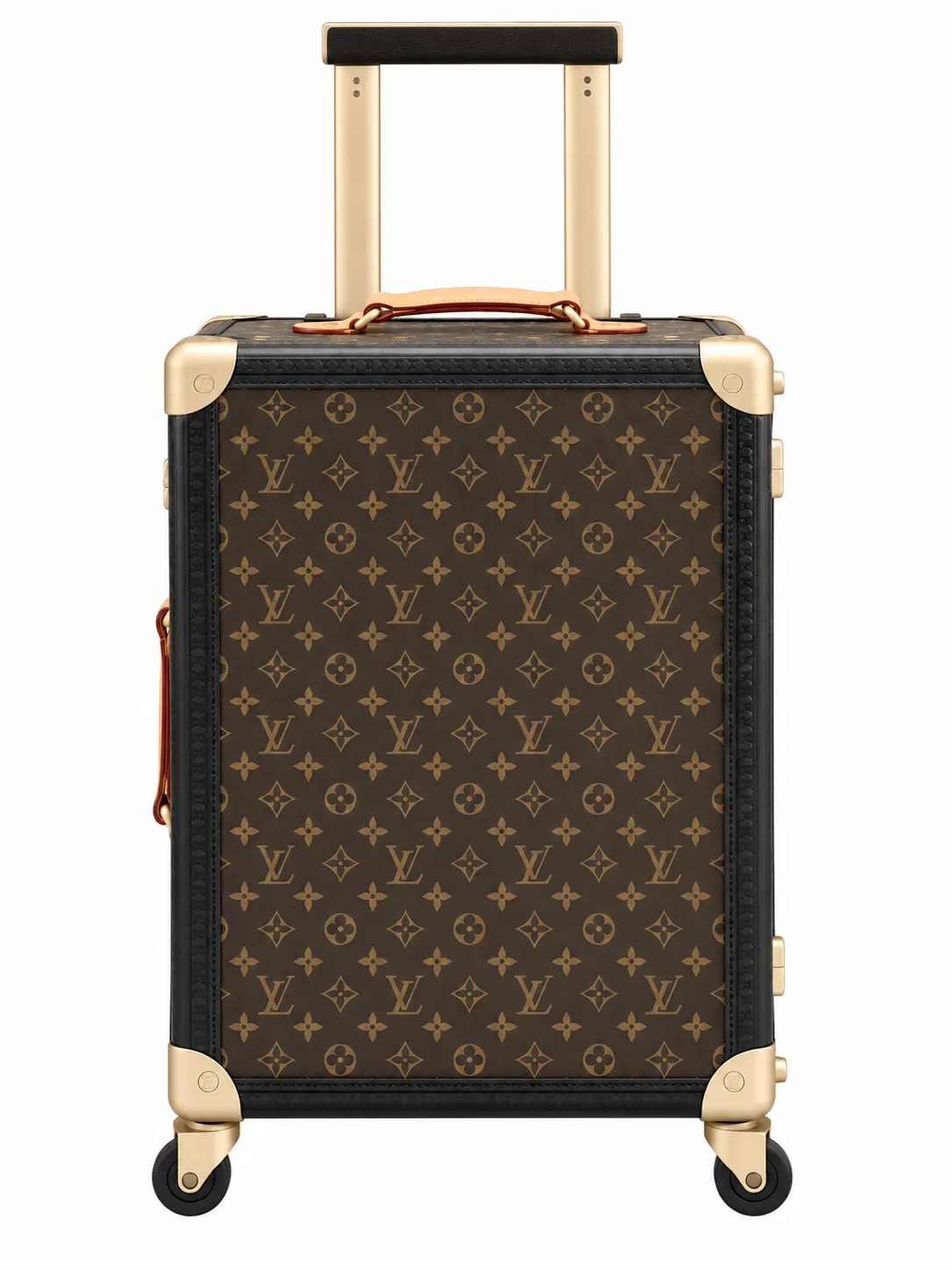 Rolling Trunk Brown Monogram Carry-On Suitcase Front View With Extended Handle