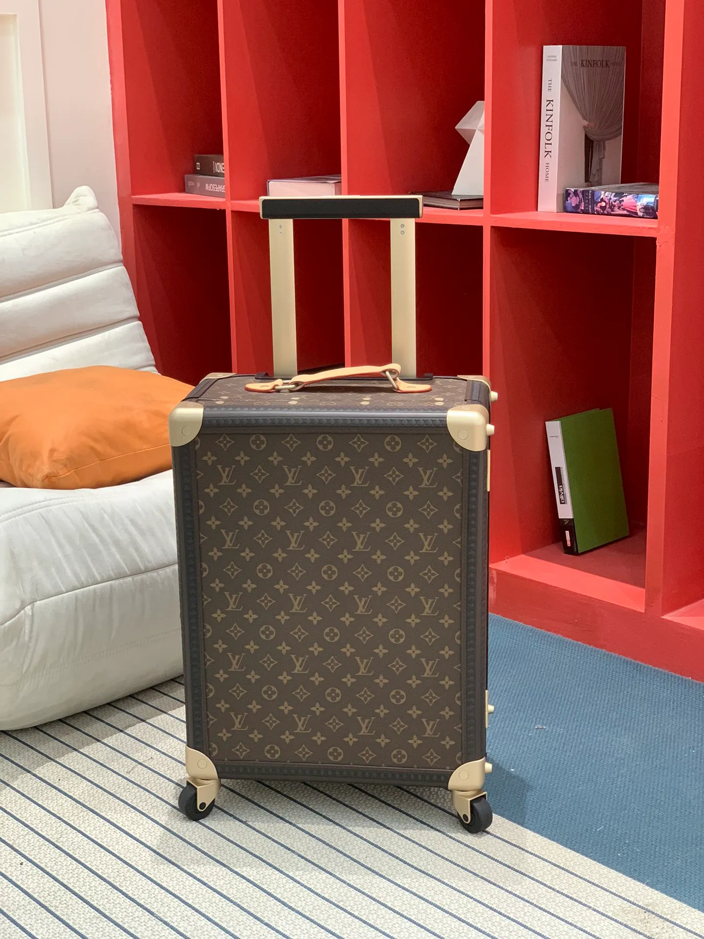 Rolling Trunk Brown Monogram Carry-On Suitcase Front View With Extended Handle
