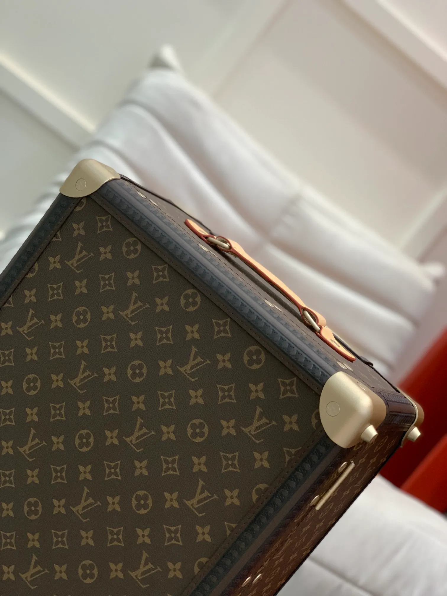 Rolling Trunk Brown Monogram Carry-On Suitcase Corner And Handle Detail