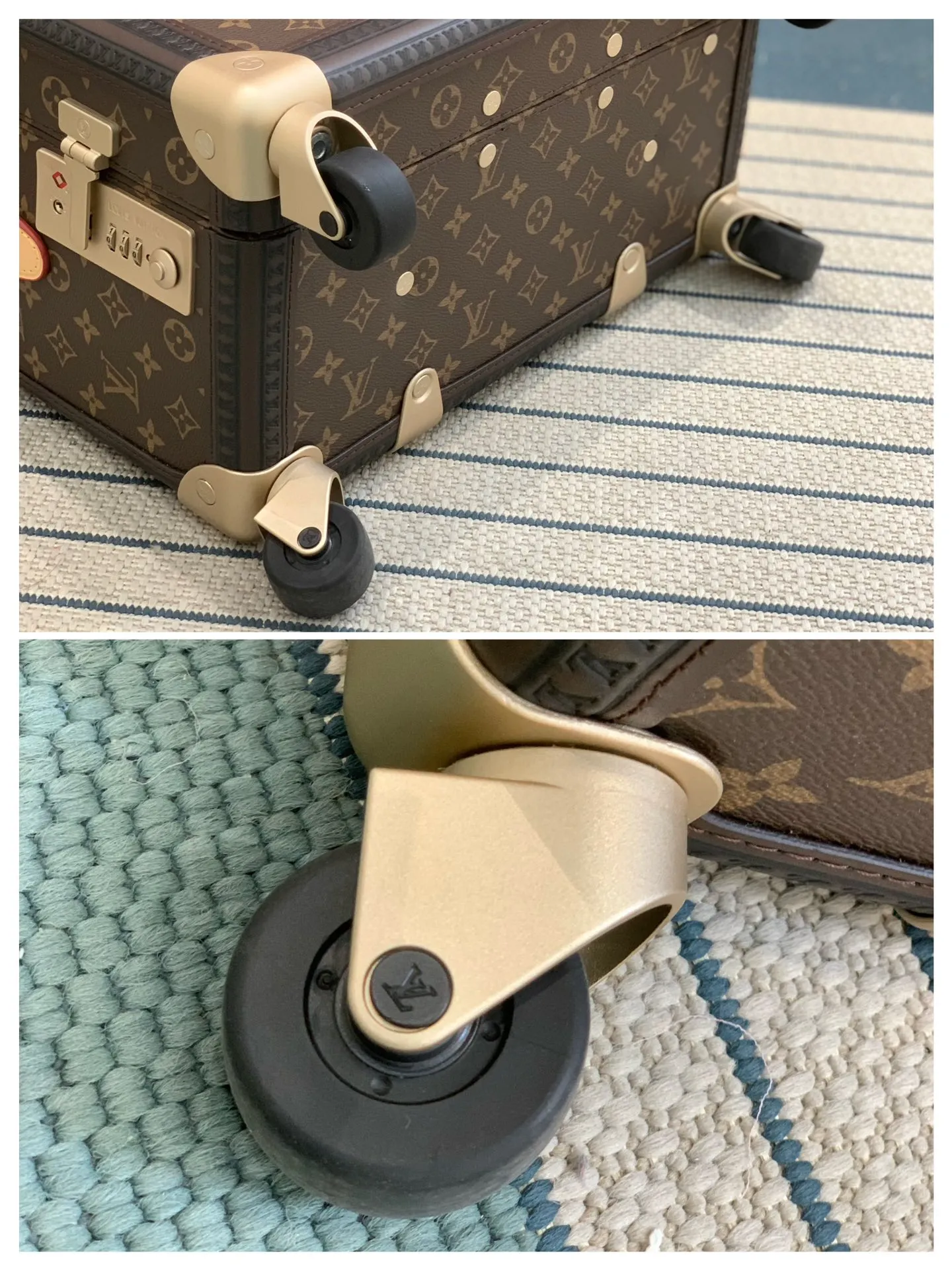 Rolling Trunk Brown Monogram Carry-On Suitcase Wheel Detail