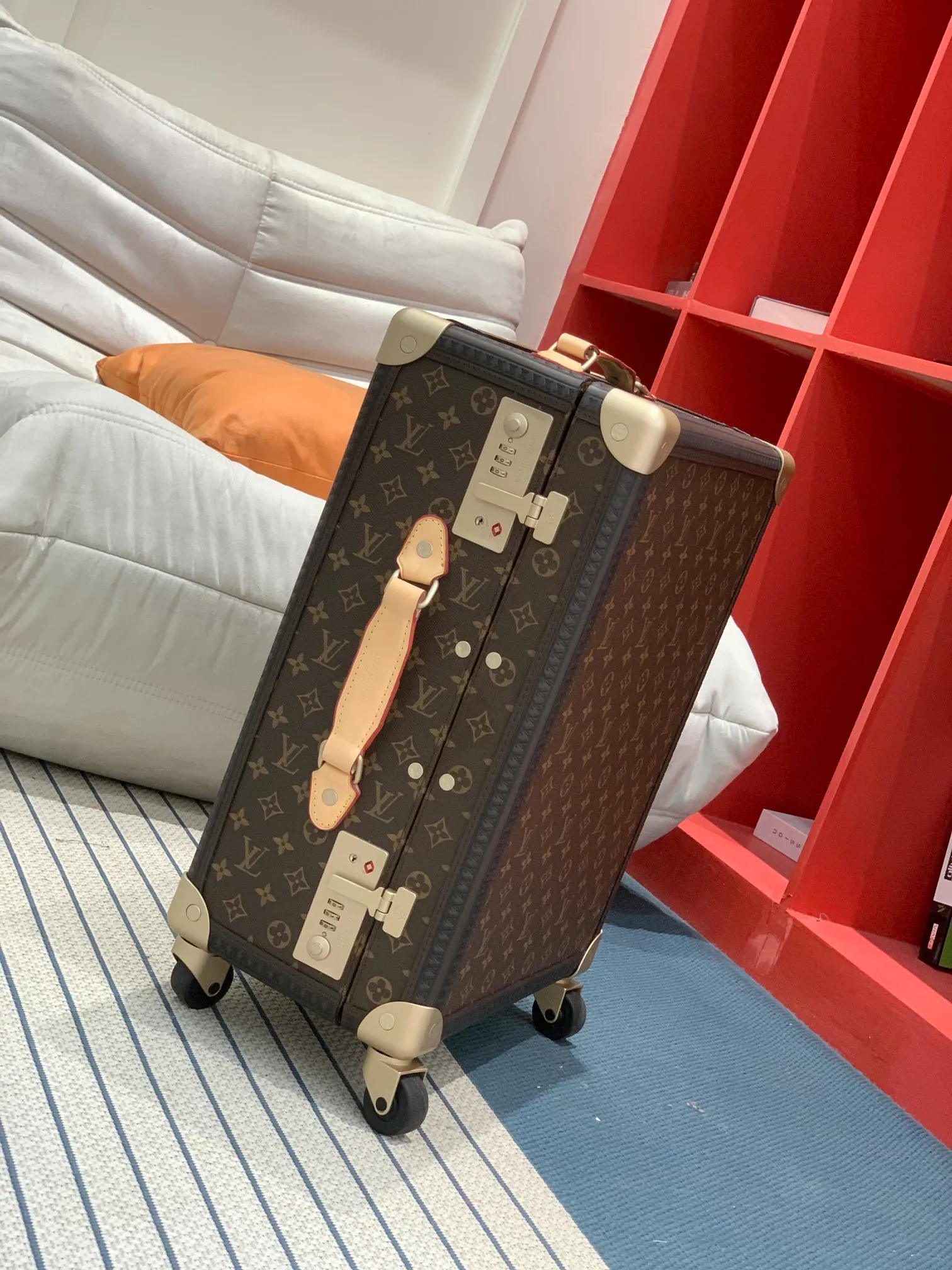 Rolling Trunk Brown Monogram Carry-On Suitcase Side View With Combination Locks