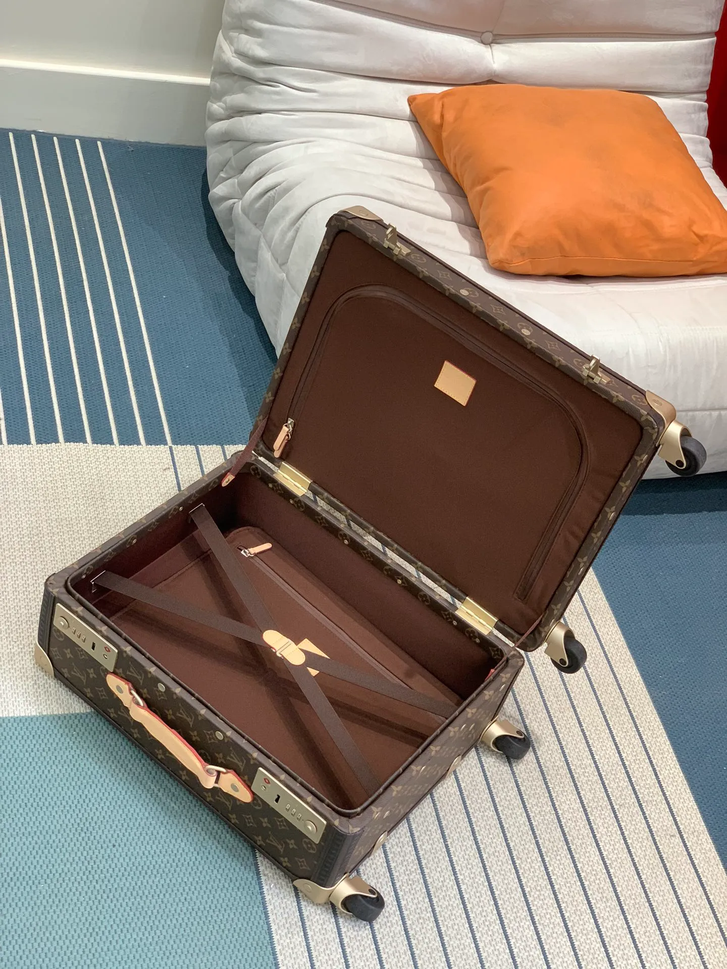 Rolling Trunk Brown Monogram Carry-On Suitcase Open Interior View