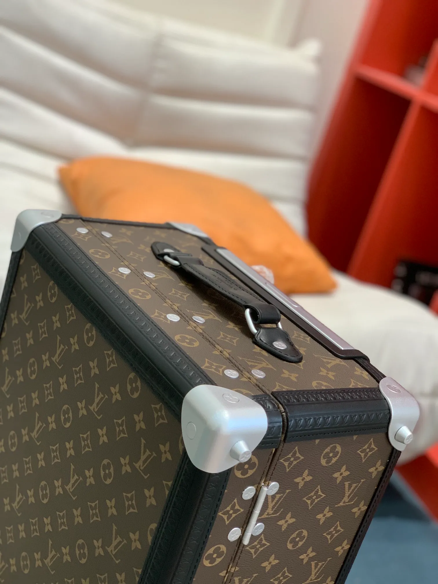 Monogram trunk corner and handle detail