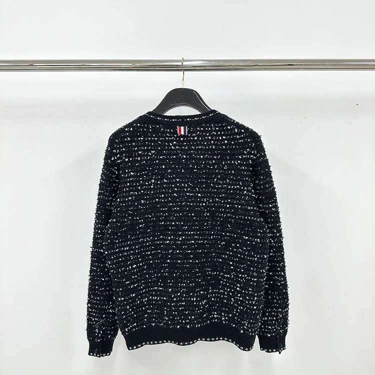 Back View TB Black Tweed Jacquard Cardigan Sweater