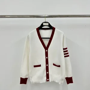 TB Four-Bar Red and White Cotton Cardigan Sweater