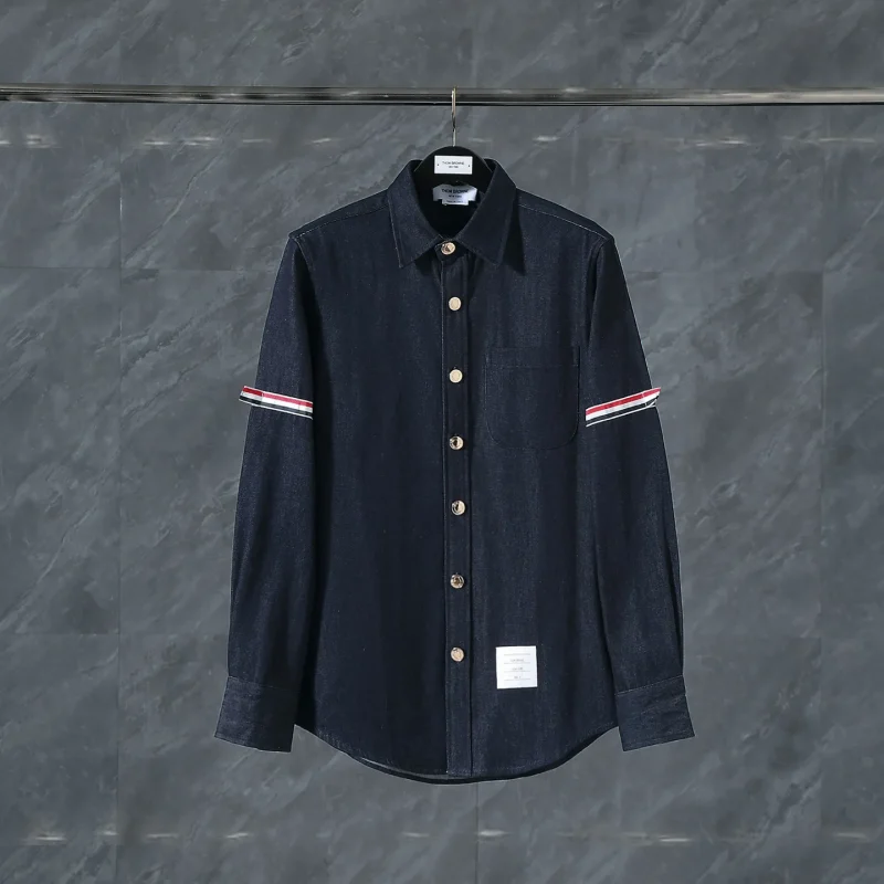 TB Navy Blue Tricolor Stripe Denim Long-Sleeve Shirt