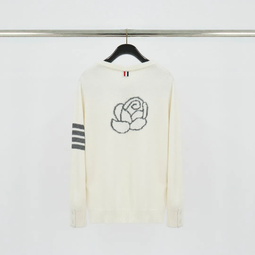 Back View TB Rose Jacquard Four-Bar Wool Cardigan