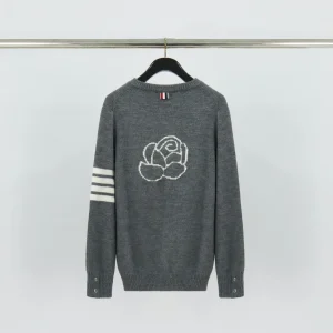 Back View TB Rose Jacquard Four-Bar Wool Crewneck Sweater
