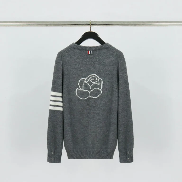 Back View TB Rose Jacquard Four-Bar Wool Crewneck Sweater