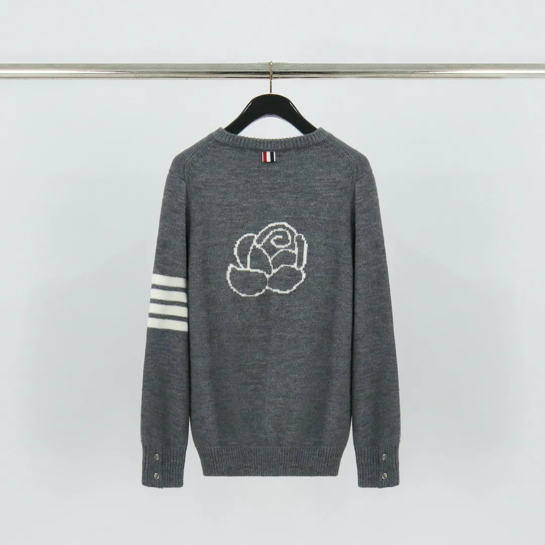 Back View TB Rose Jacquard Four-Bar Wool Crewneck Sweater