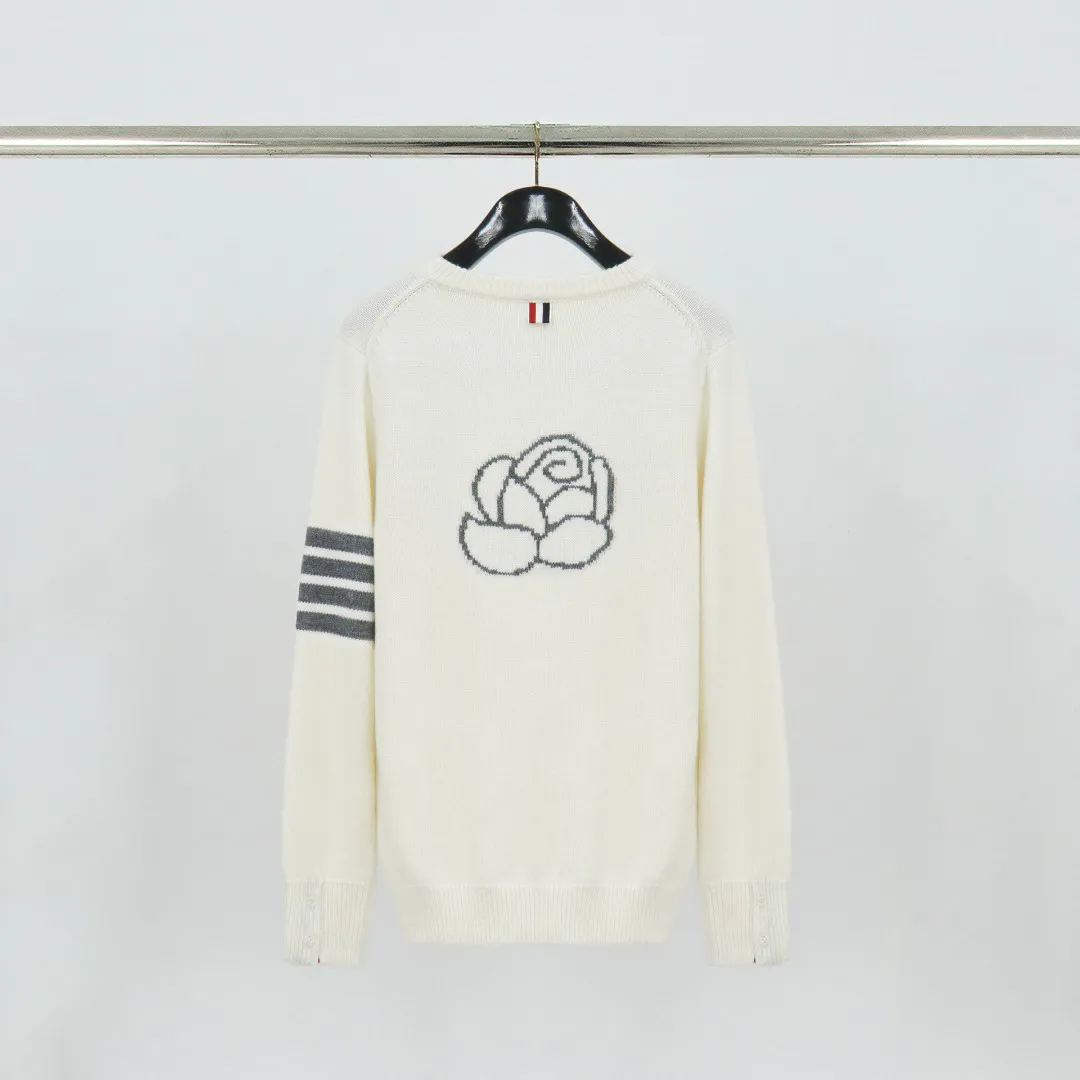 Back View TB Rose Jacquard Four-Bar Wool Crewneck Sweater