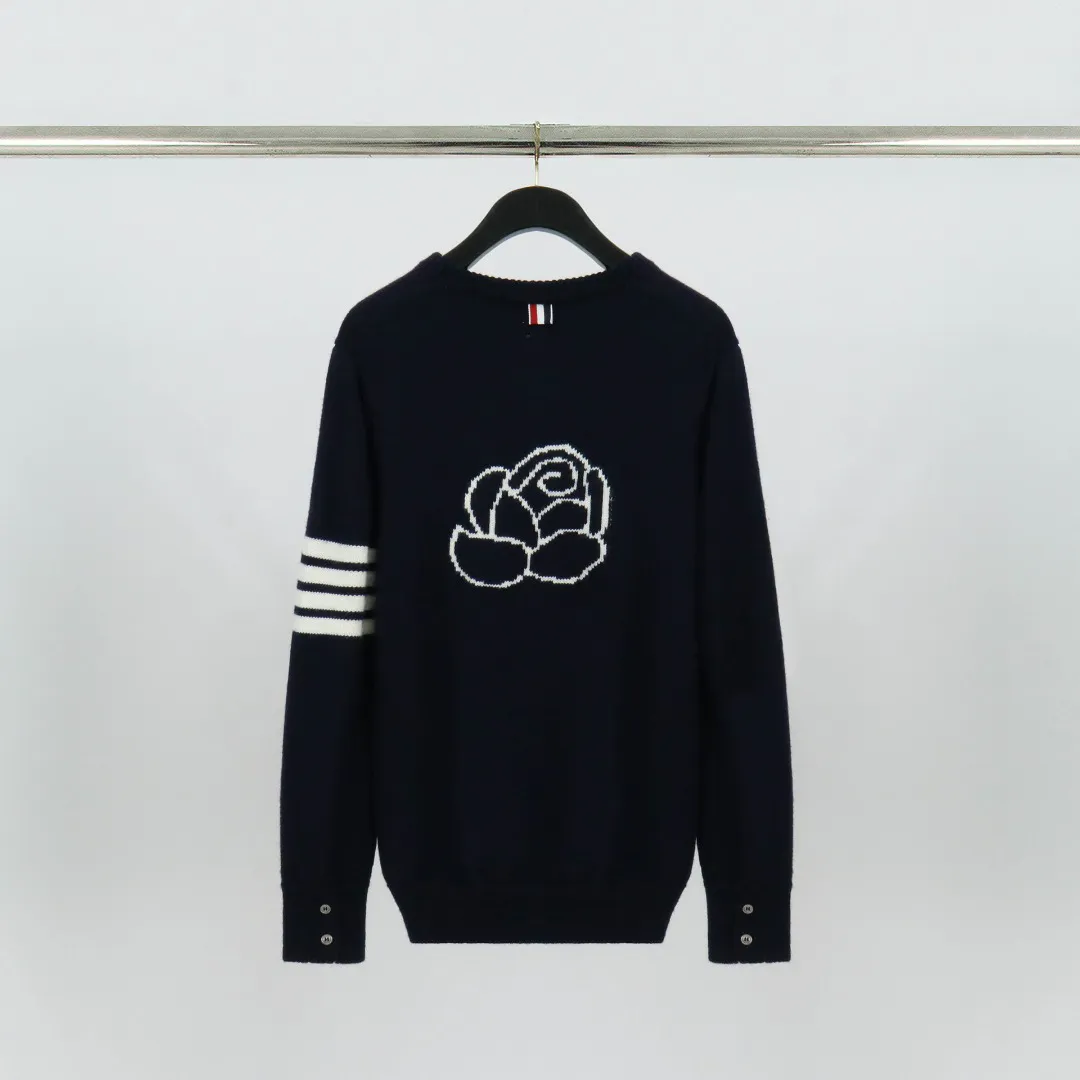 Back View TB Rose Jacquard Four-Bar Wool Crewneck Sweater