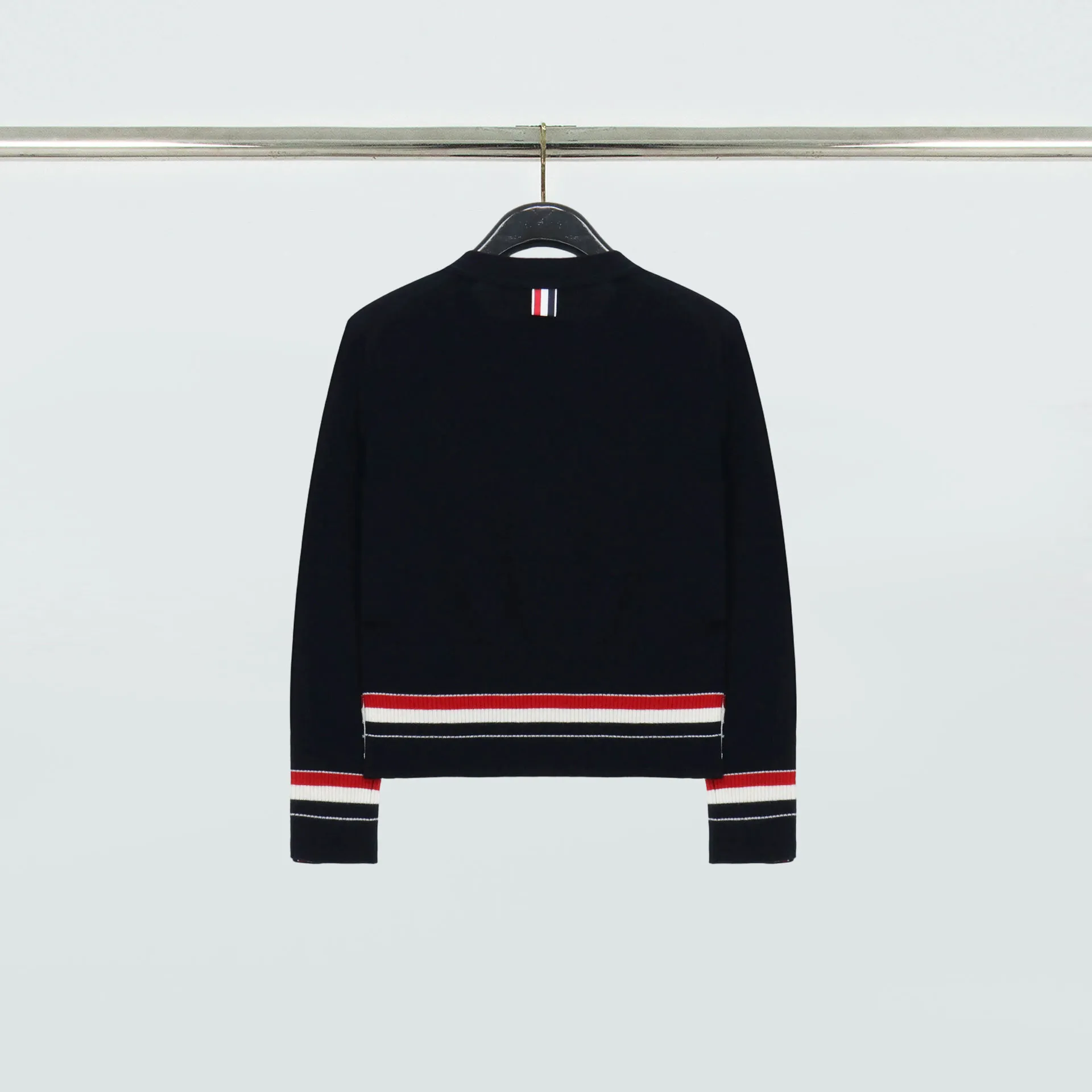 Back View TB Tricolor Trim V-Neck Wool Cardigan Sweater